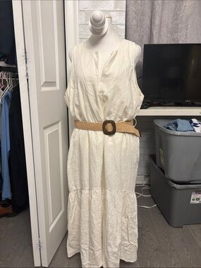 Sleeveless Cream Maxi Dress with Woven Tan Belt